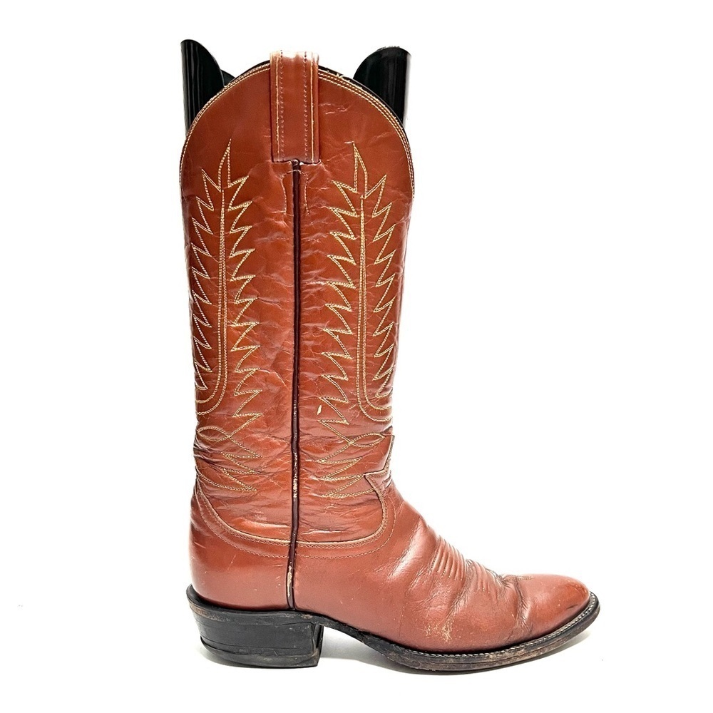 Vintage 1970s men's cinnamon brown leather western style mid calf cowboy boots